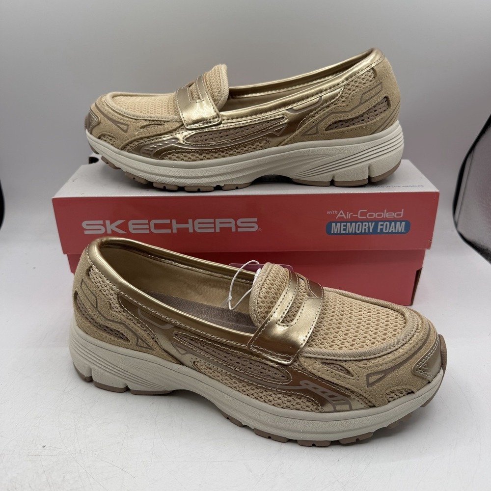 Skechers Var-City Shoes Womens Sz 8 Gold Slip On Loafers Lifestyle Casual 159305